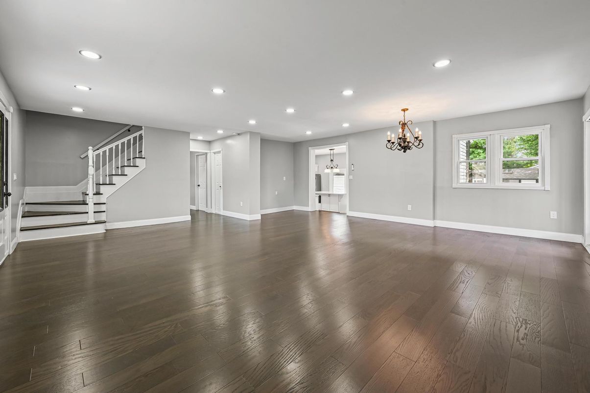 Chandelier, Empty room, Interior, Recessed Lighting, Wood Texture Flooring