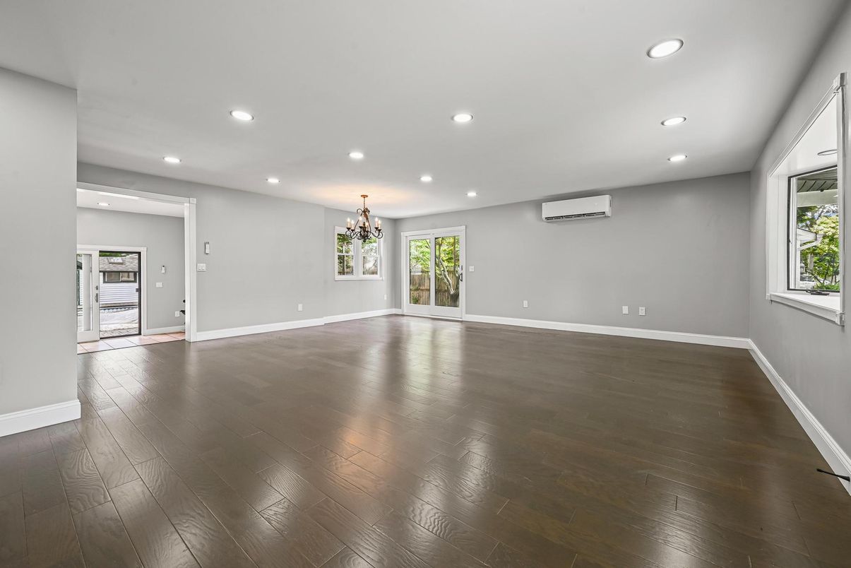 Chandelier, Empty room, Interior, Recessed Lighting, Wood Texture Flooring