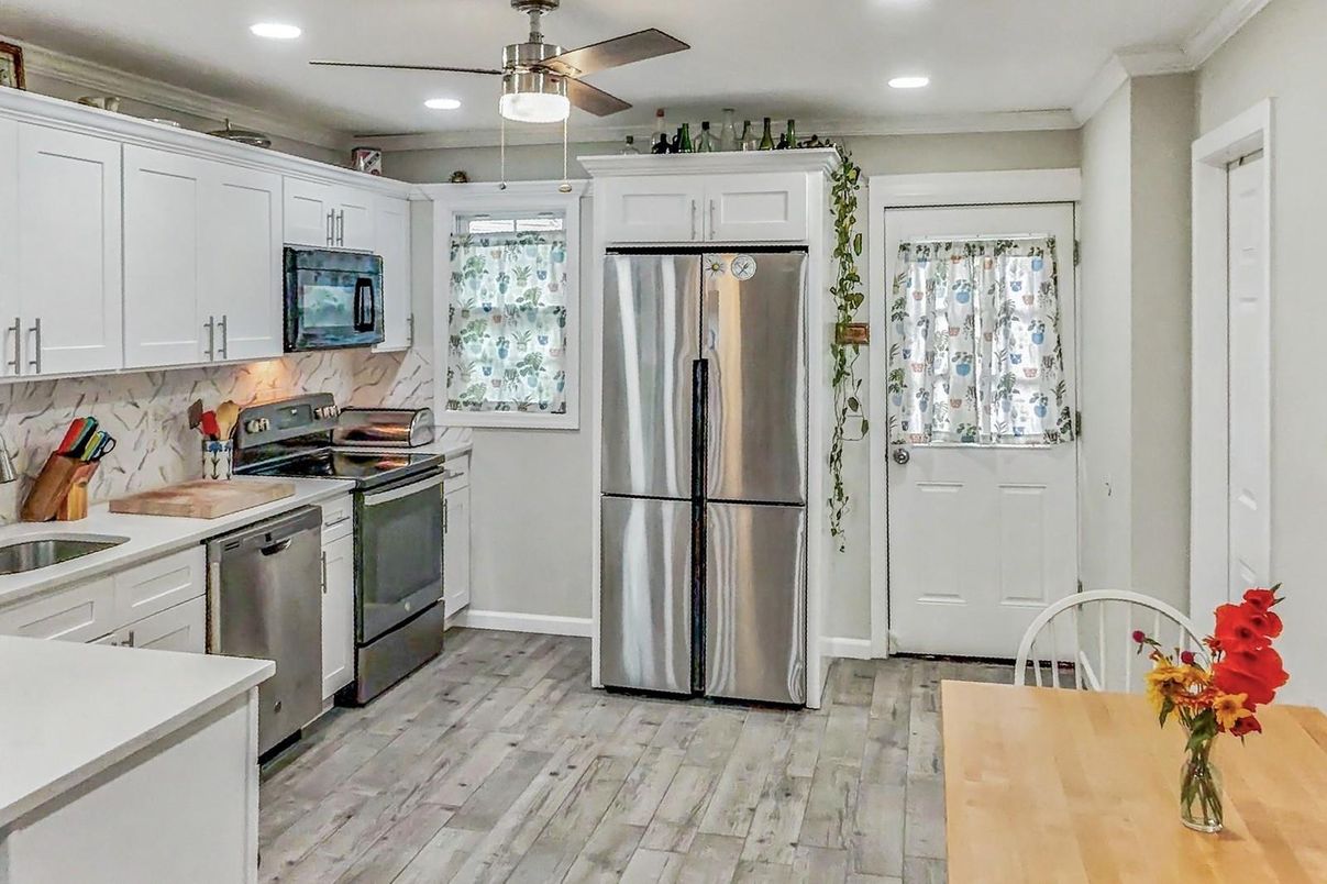 Interior, Kitchen, Recessed Lighting, Stainless Steel Appliances, Wood Texture Flooring