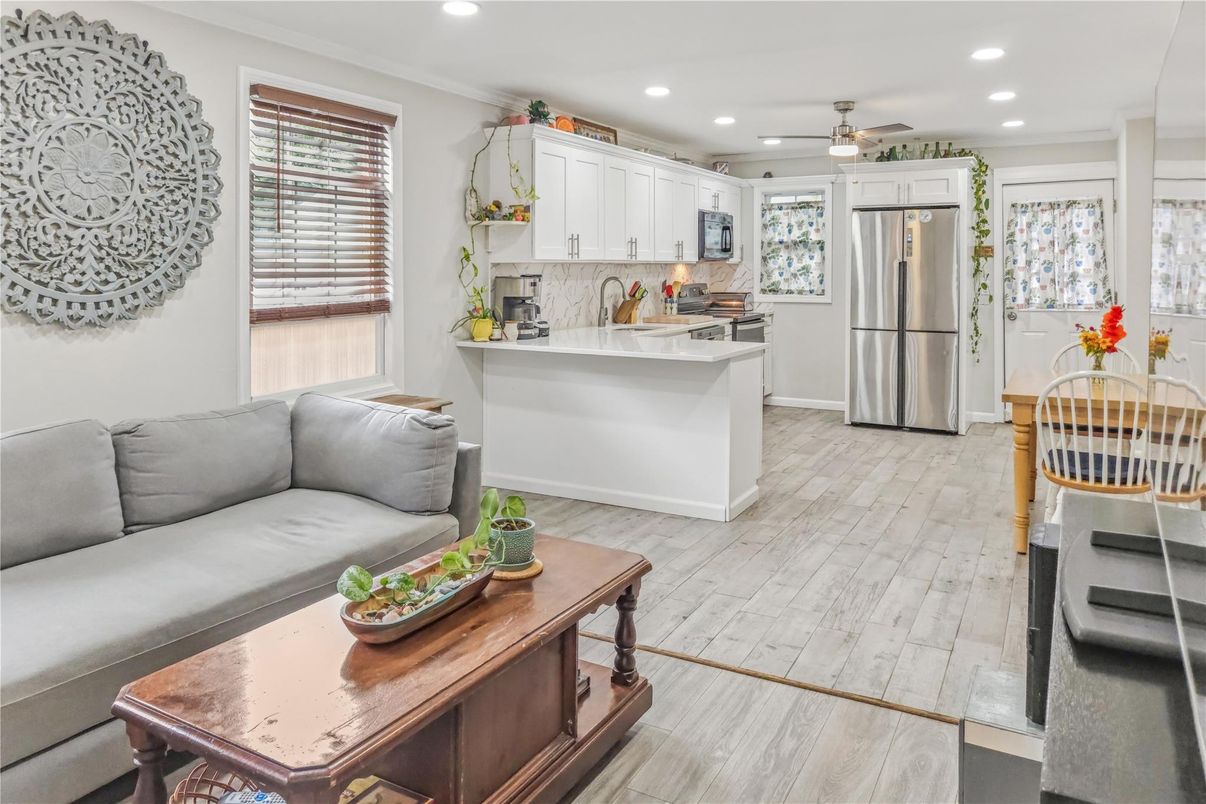 Interior, Kitchen, Living room, Recessed Lighting, Stainless Steel Appliances, Wood Texture Flooring