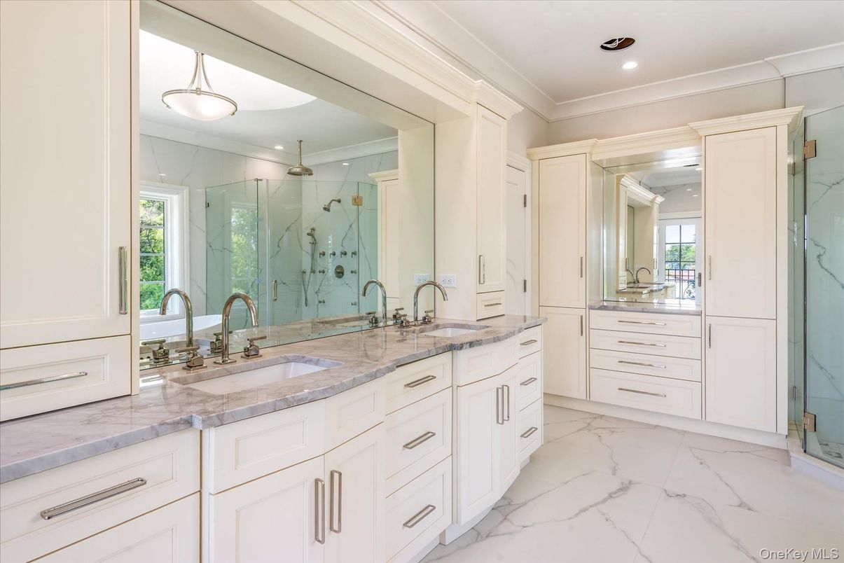 Bathroom, Dual Sink Vanities, Glass Shower, Interior, Marble, Pendant Lights, Recessed Lighting