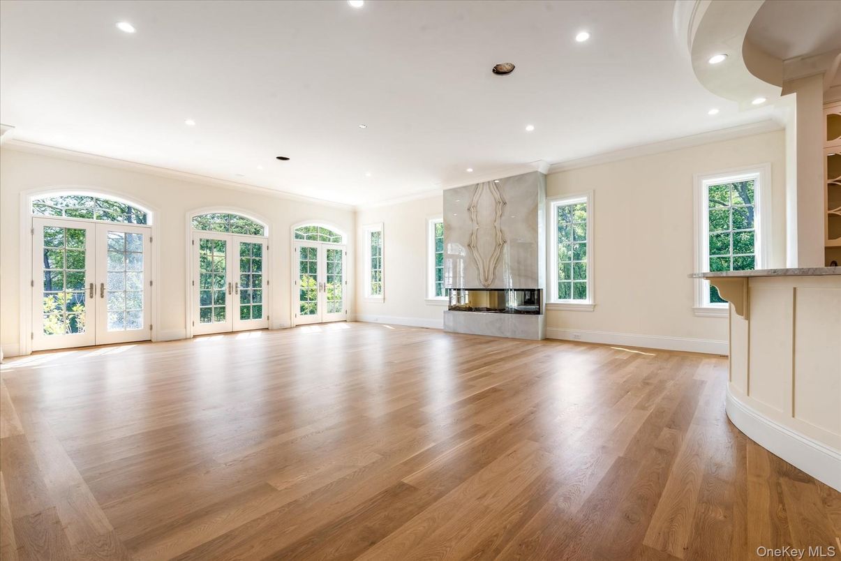 Empty room, Fireplace, Interior, Recessed Lighting, Wood Texture Flooring