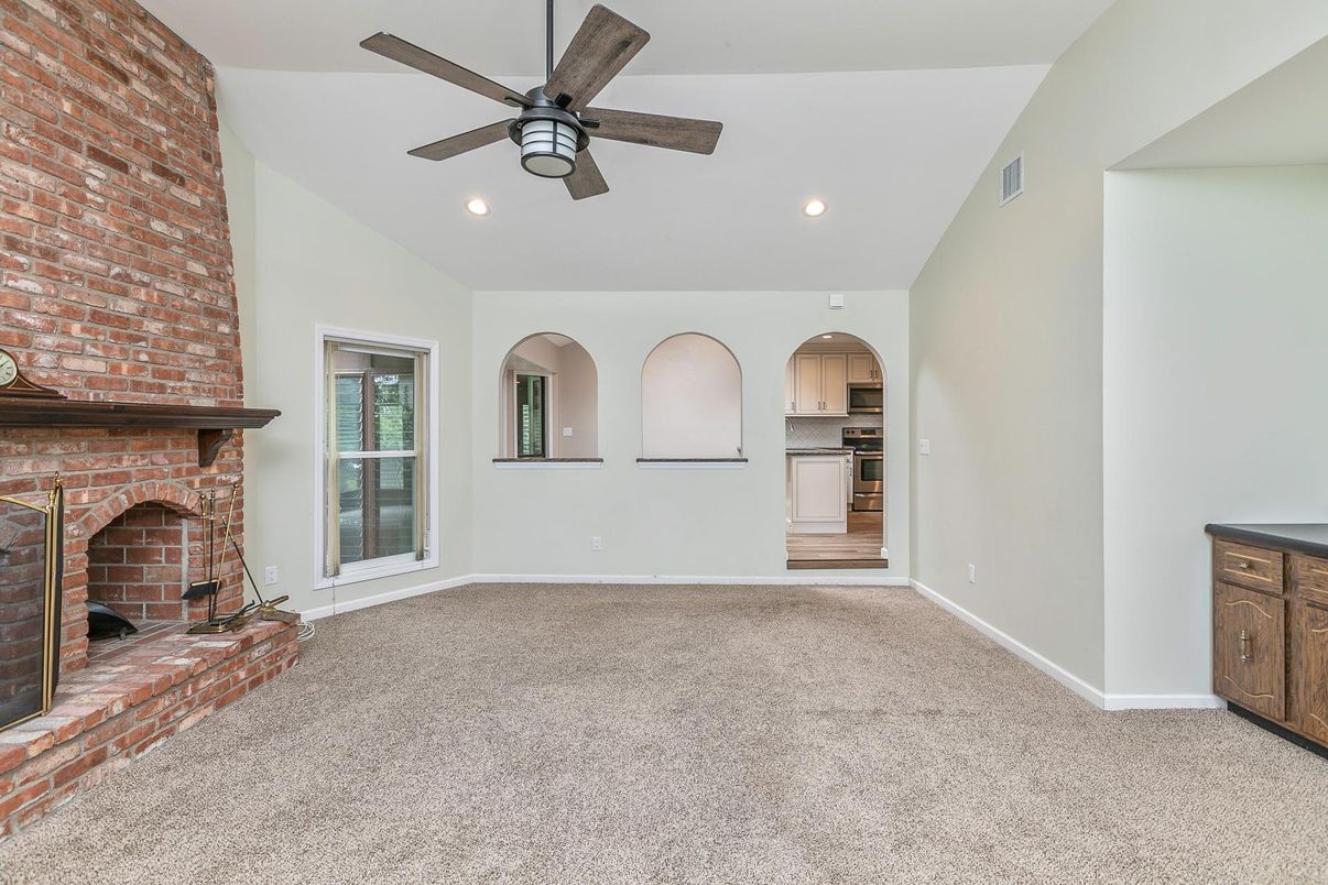 Empty room, Fireplace, Interior, Kitchen, Recessed Lighting, Stone Walls