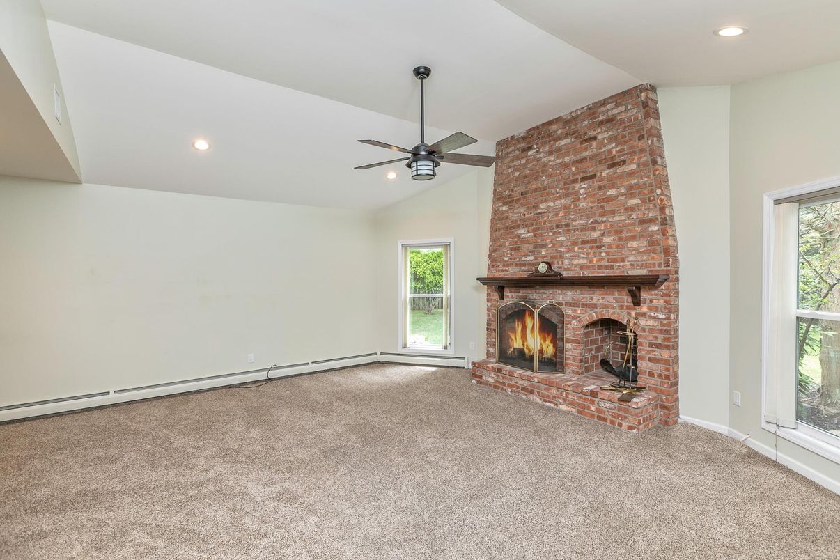 Empty room, Fireplace, Interior, Recessed Lighting, Stone Walls