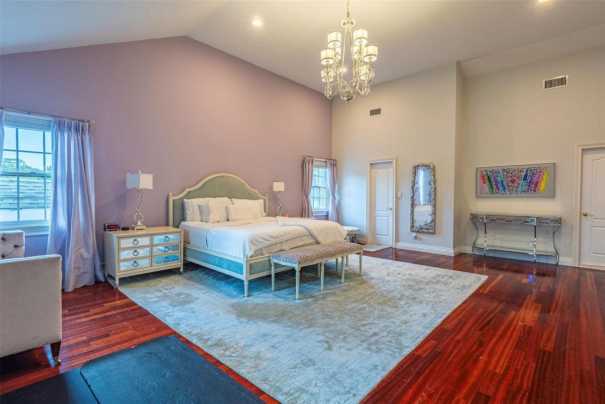 Bedroom, Chandelier, Interior, Recessed Lighting, Wood Texture Flooring