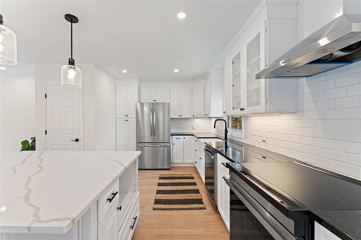 Interior, Kitchen, Pendant Lights, Recessed Lighting, Stainless Steel Appliances, Wood Texture Flooring