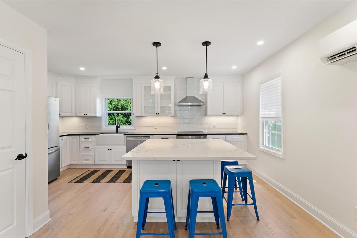 Interior, Kitchen, Pendant Lights, Recessed Lighting, Stainless Steel Appliances, Wood Texture Flooring