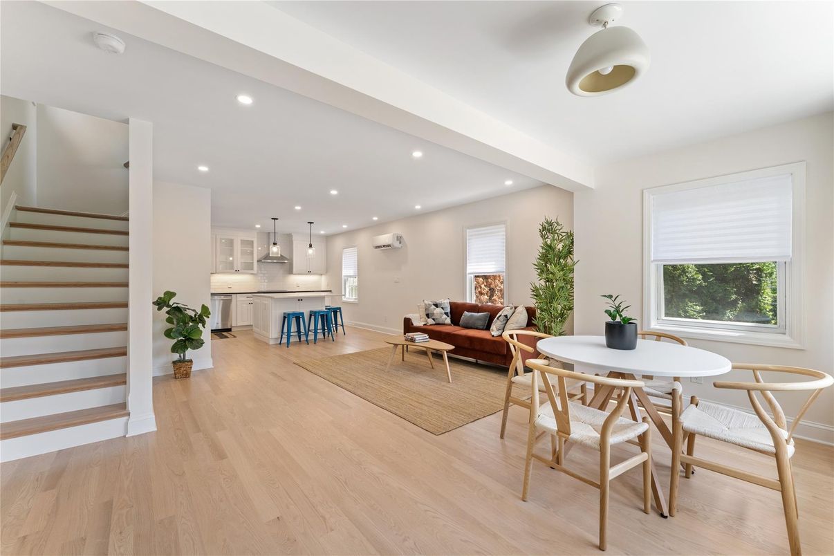 Dining room, Interior, Kitchen, Living room, Pendant Lights, Recessed Lighting, Wood Texture Flooring