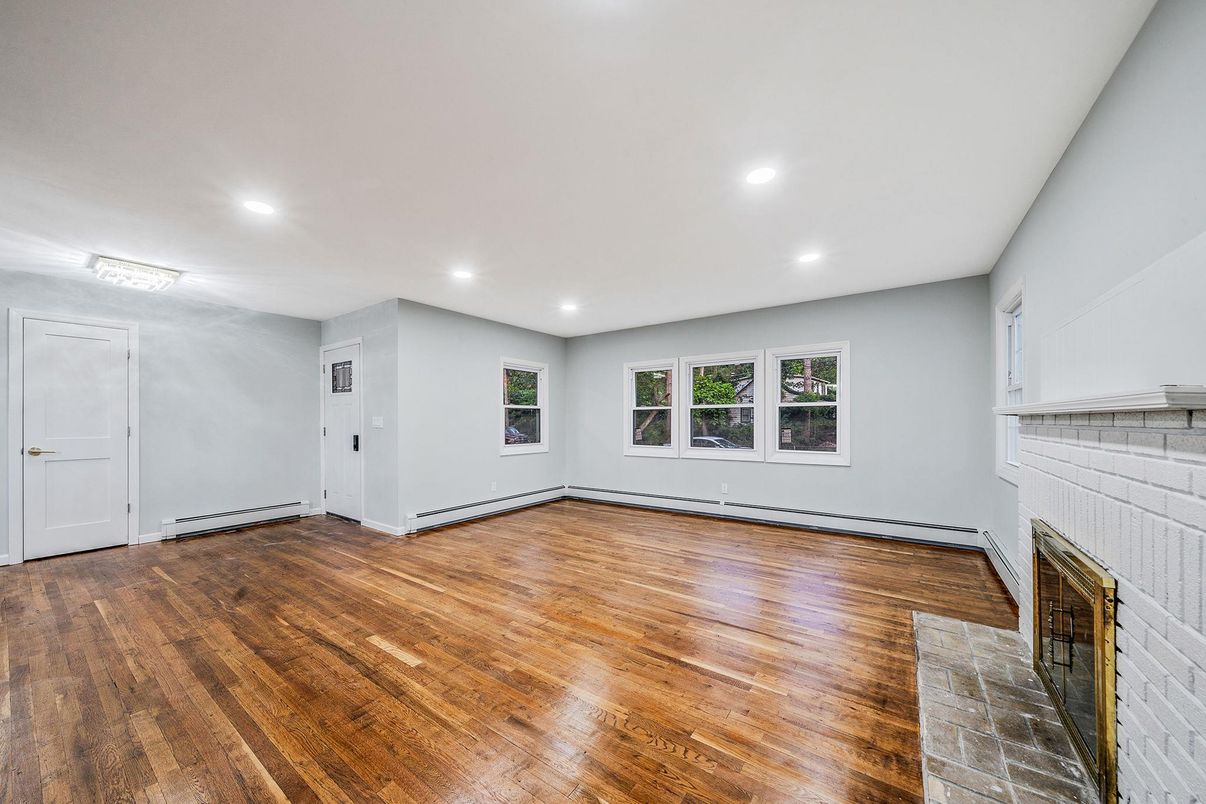 Empty room, Fireplace, Interior, Recessed Lighting, Wood Texture Flooring