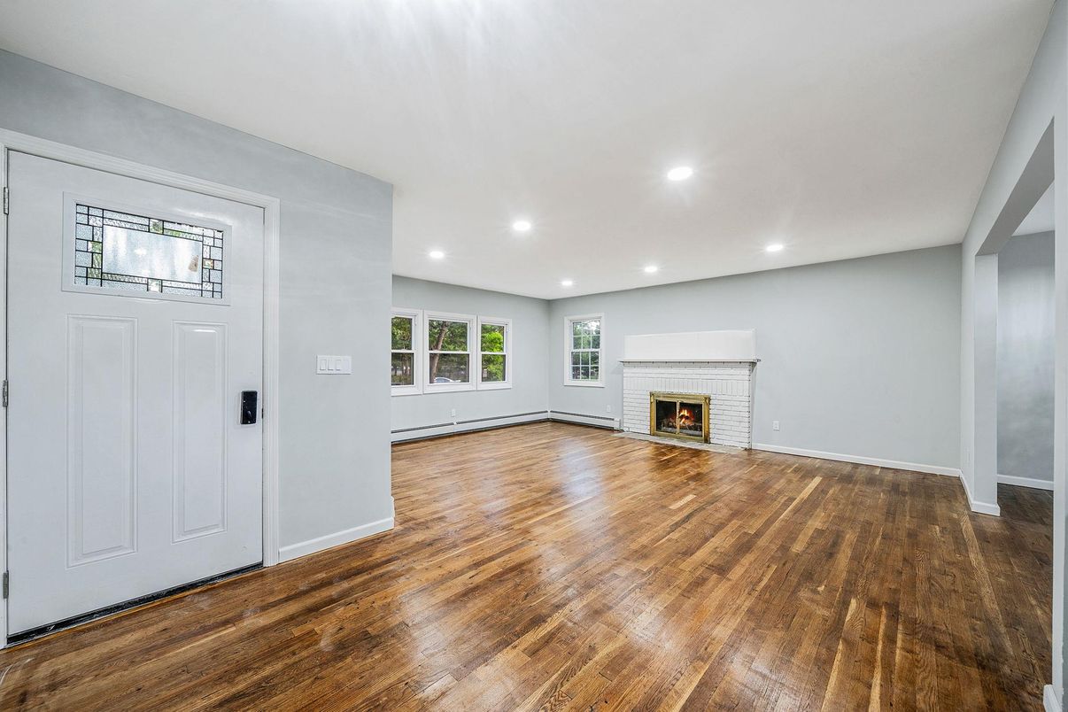 Empty room, Fireplace, Interior, Recessed Lighting, Wood Texture Flooring
