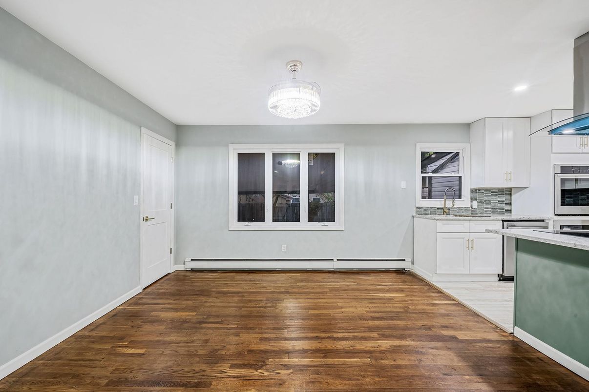 Chandelier, Empty room, Interior, Kitchen, Recessed Lighting, Wood Texture Flooring