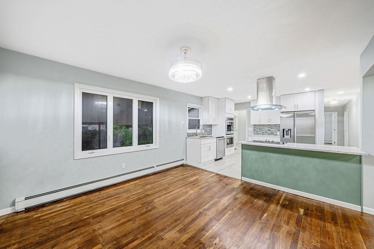 Chandelier, Interior, Kitchen, Recessed Lighting, Stainless Steel Appliances, Wood Texture Flooring