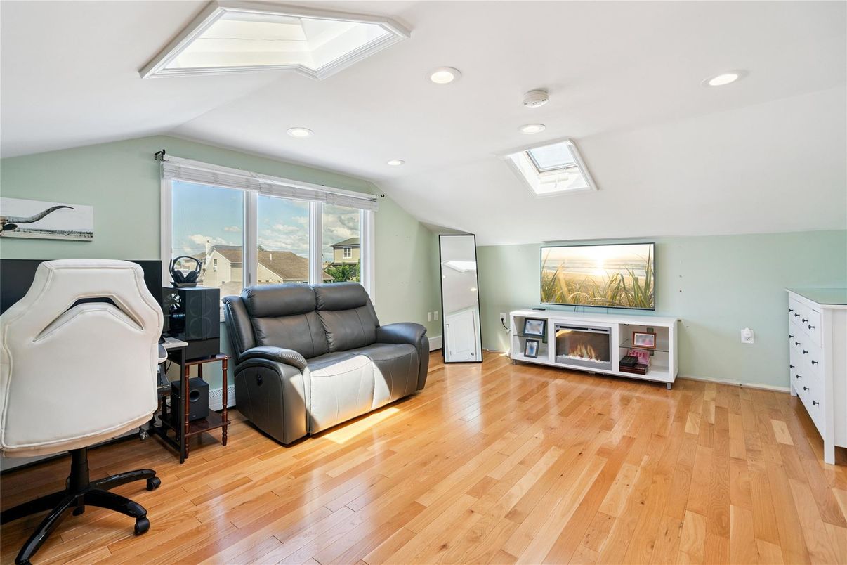 Fireplace, Home Office, Interior, Recessed Lighting, Wood Texture Flooring