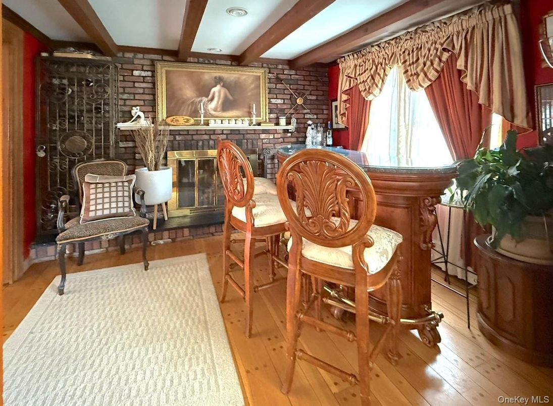 Fireplace, Interior, Recessed Lighting, Stone Walls, Wooden Beams, Wood Texture Flooring