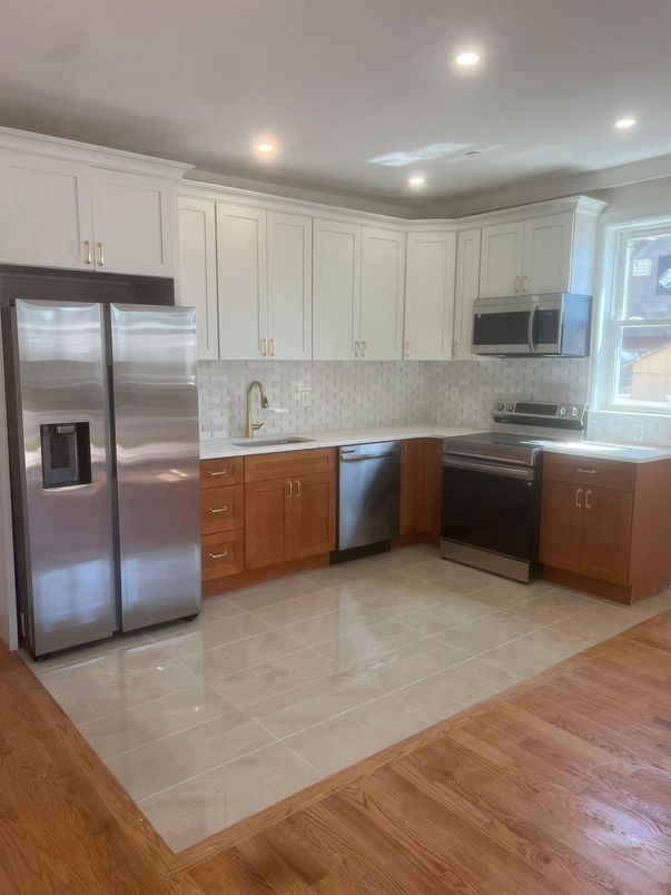 Interior, Kitchen, Recessed Lighting, Stainless Steel Appliances, Wood Texture Flooring