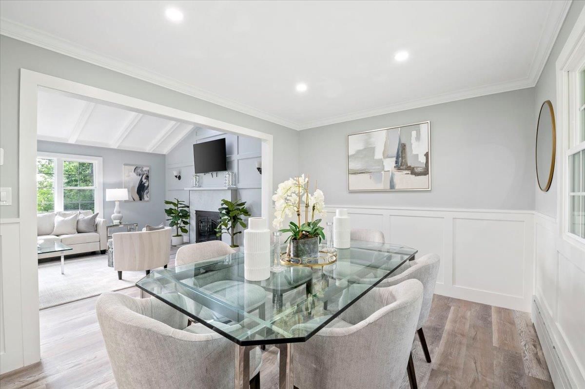 Dining room, Fireplace, Interior, Living room, Recessed Lighting, Wood Texture Flooring