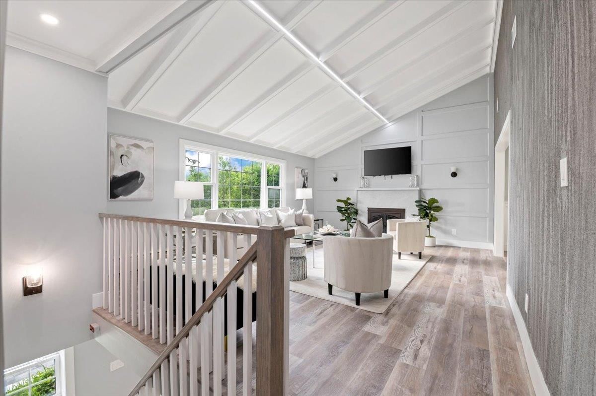 Fireplace, Interior, Living room, Recessed Lighting, Wood Texture Flooring