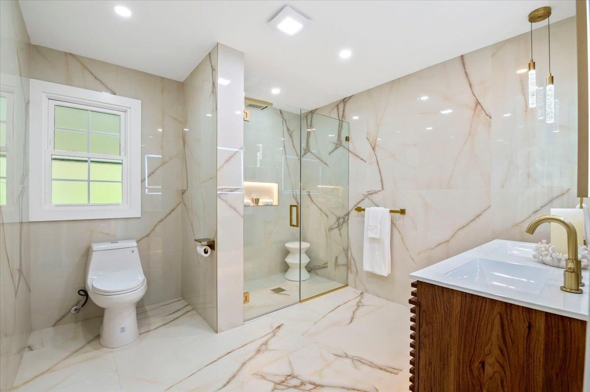 Bathroom, Glass Shower, Interior, Marble, Marble Walls, Pendant Lights, Recessed Lighting