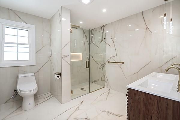 Bathroom, Glass Shower, Interior, Marble, Marble Walls, Recessed Lighting