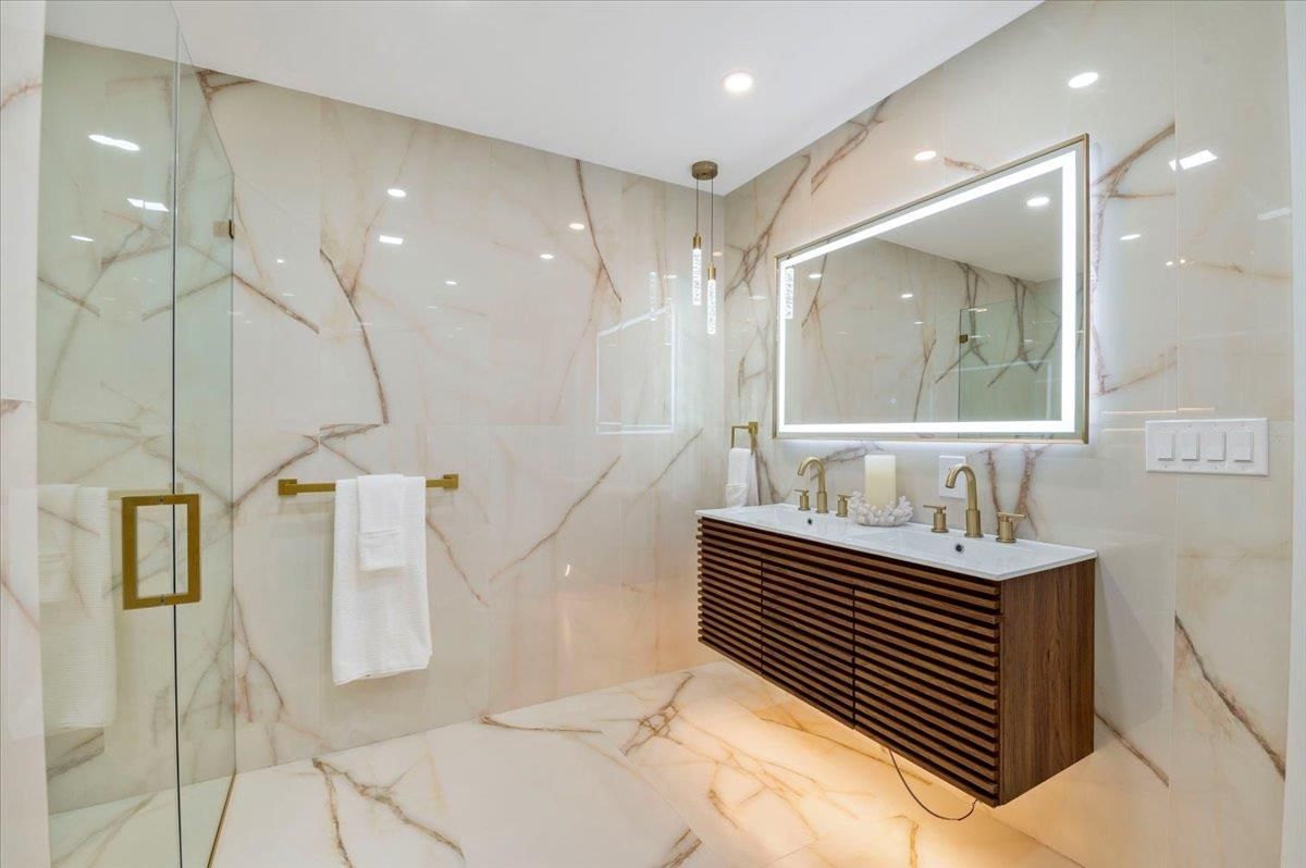 Bathroom, Glass Shower, Interior, Marble, Marble Walls, Recessed Lighting