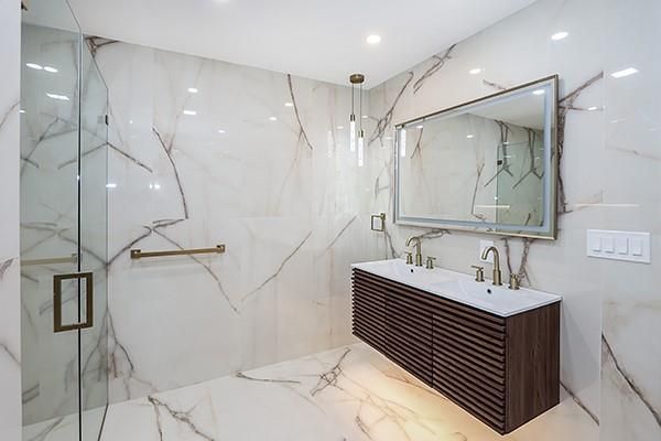 Bathroom, Glass Shower, Interior, Marble, Marble Walls, Recessed Lighting