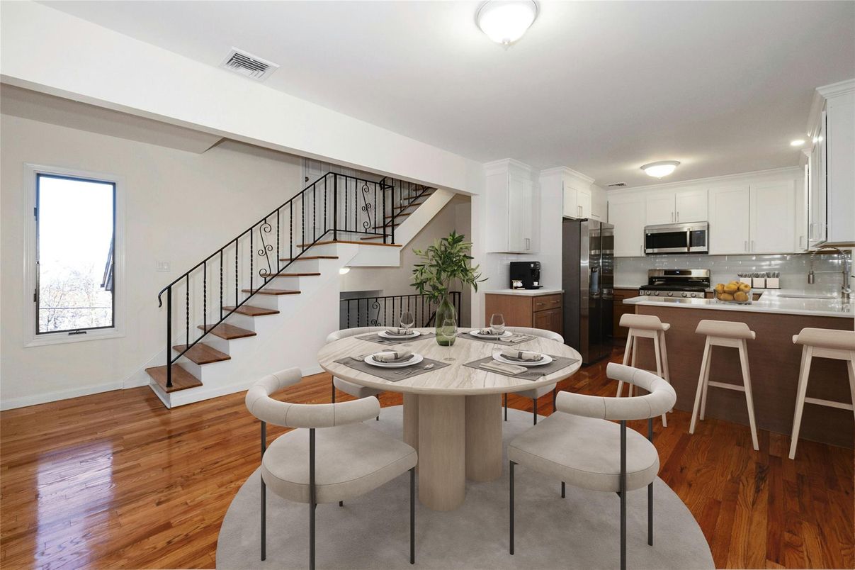 Dining room, Interior, Kitchen, Recessed Lighting, Stainless Steel Appliances, Wood Texture Flooring