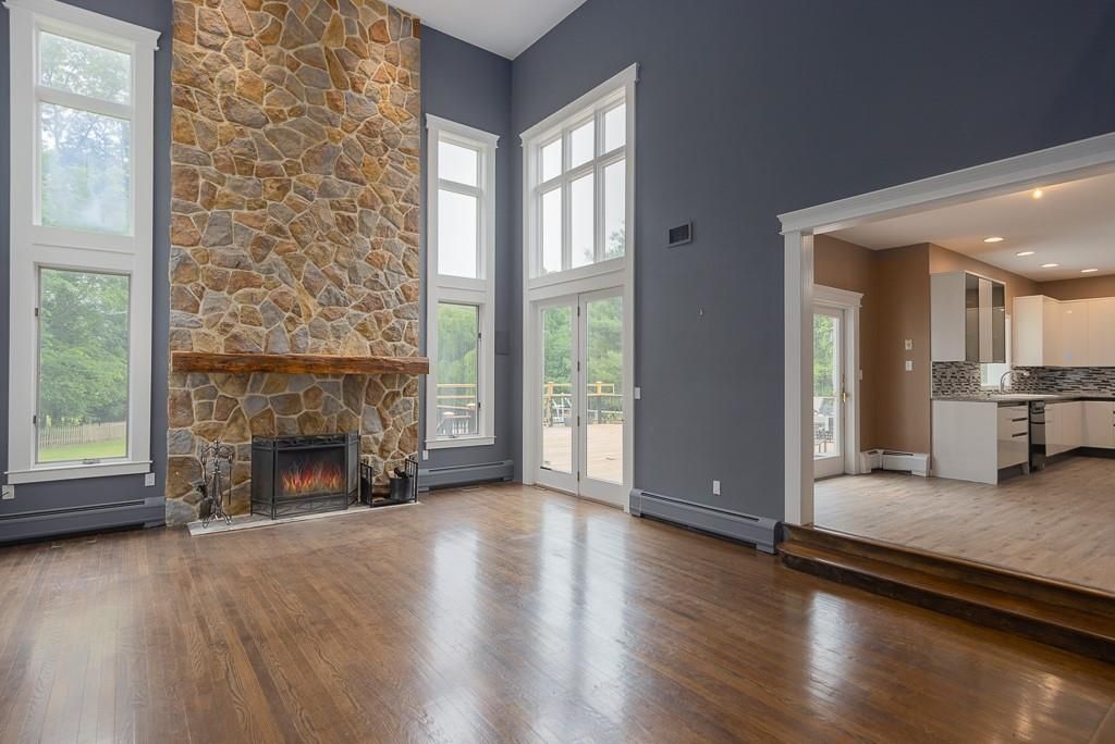 Fireplace, Interior, Kitchen, Recessed Lighting, Stone Walls, Wood Texture Flooring