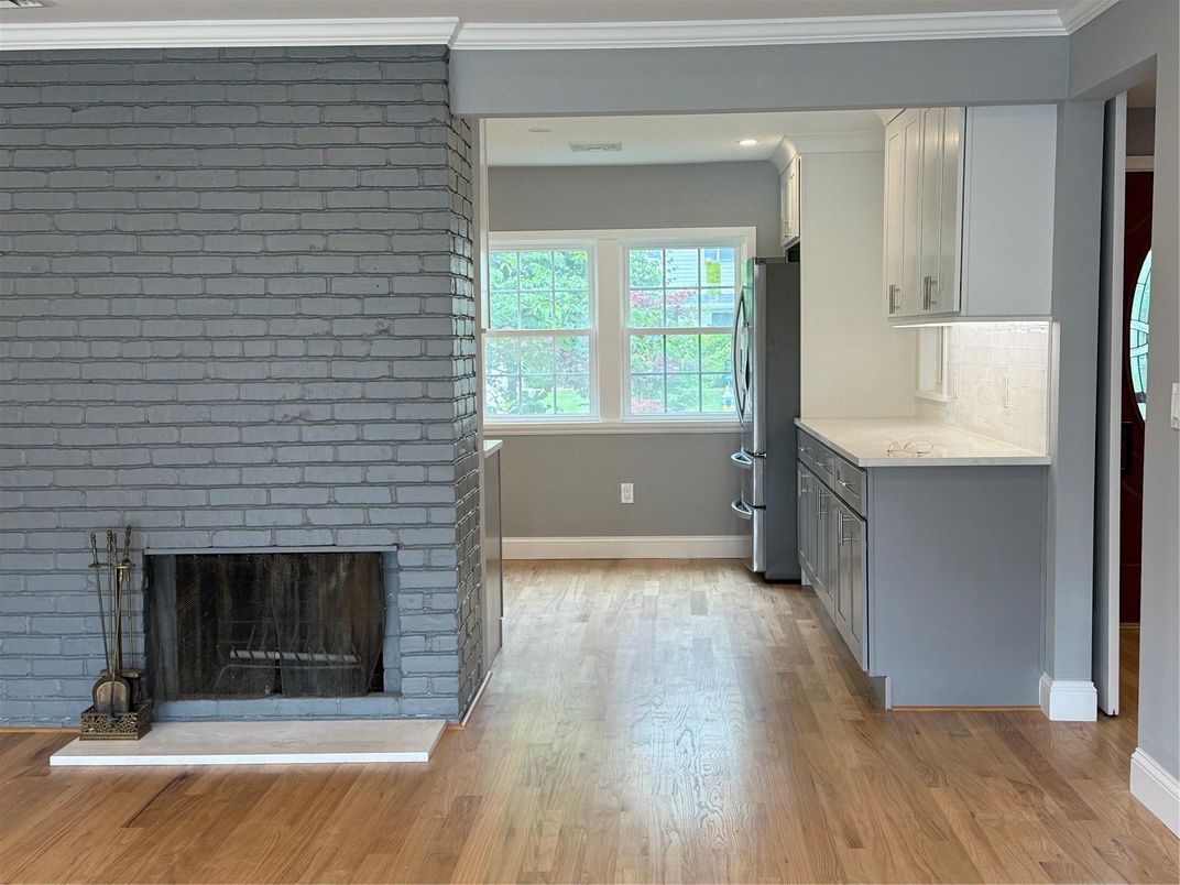 Fireplace, Interior, Recessed Lighting, Stone Walls, Wood Texture Flooring