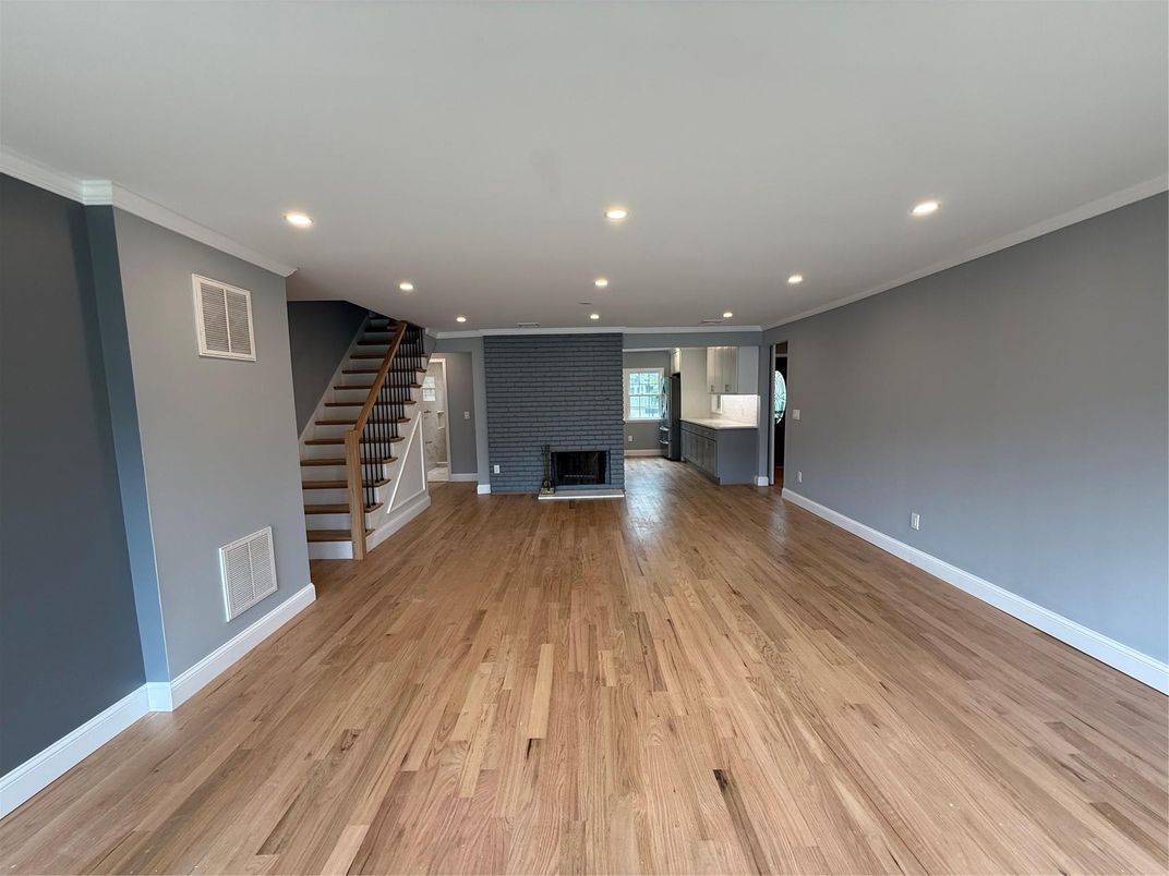 Empty room, Fireplace, Interior, Recessed Lighting, Wood Texture Flooring