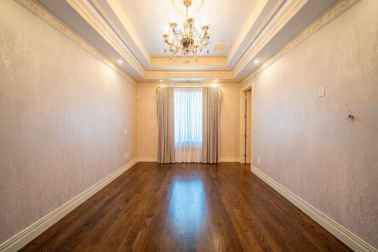 Chandelier, Empty room, Interior, Recessed Lighting, Wood Texture Flooring