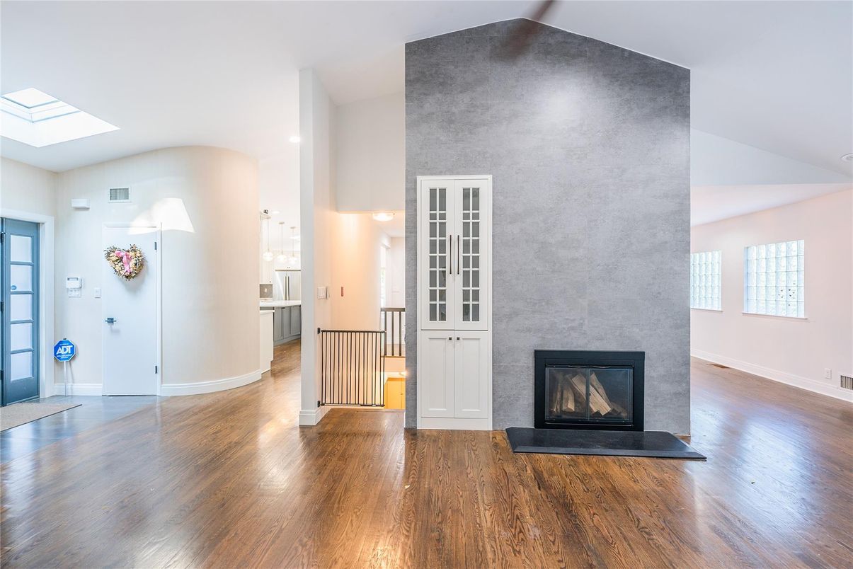 Empty room, Fireplace, Interior, Recessed Lighting, Wood Texture Flooring
