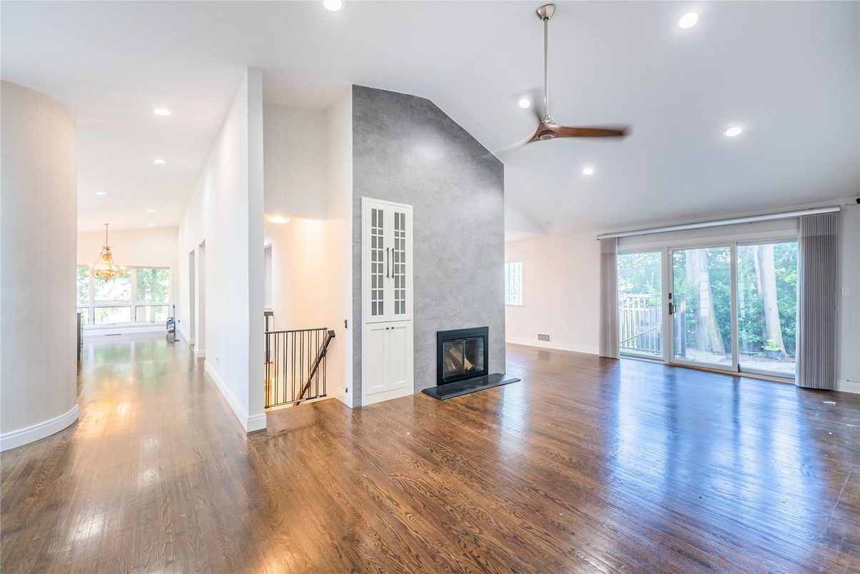 Empty room, Fireplace, Interior, Recessed Lighting, Wood Texture Flooring