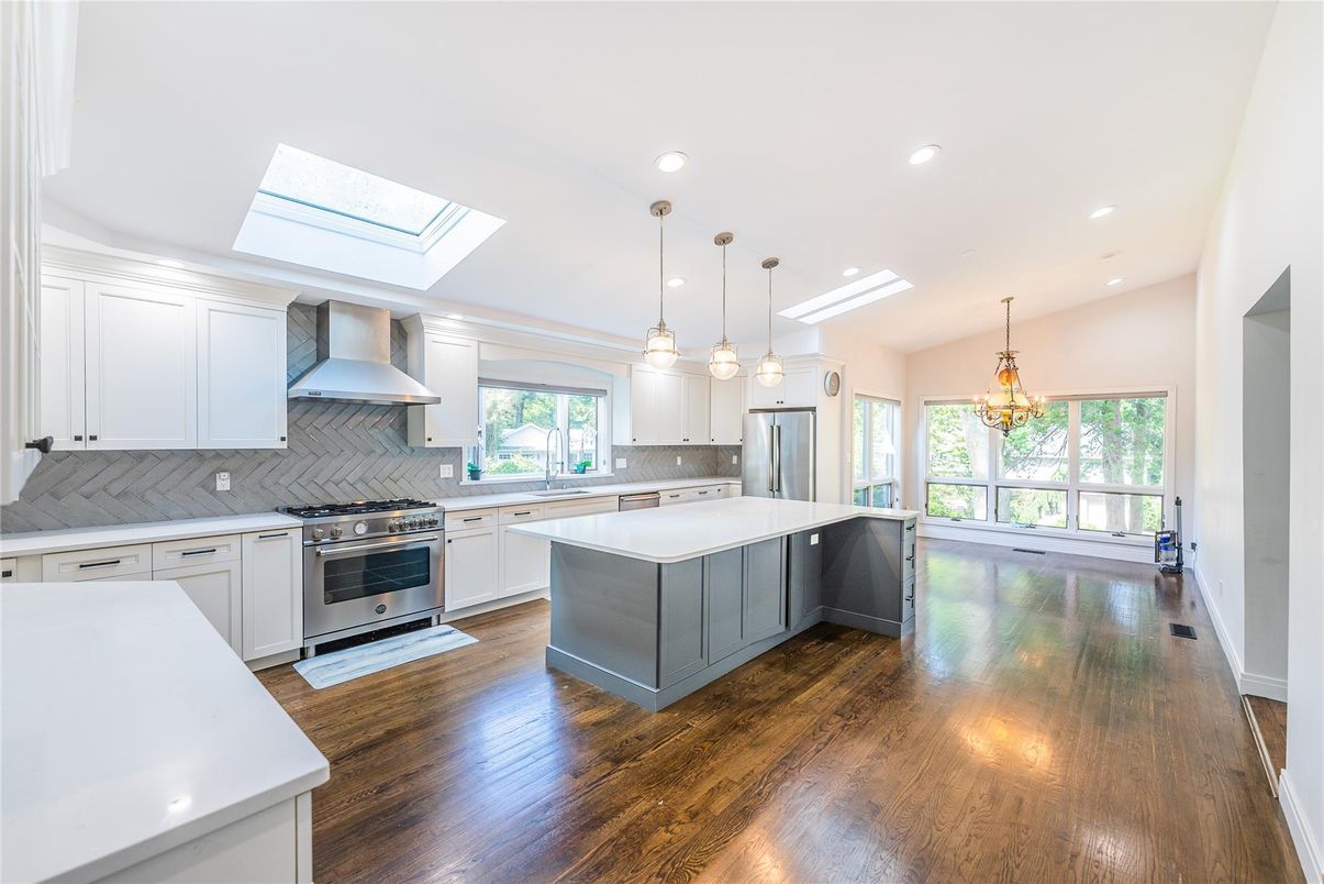 Chandelier, Interior, Kitchen, Pendant Lights, Recessed Lighting, Stainless Steel Appliances, Wood Texture Flooring