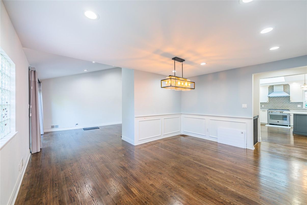 Empty room, Interior, Kitchen, Pendant Lights, Recessed Lighting, Wood Texture Flooring