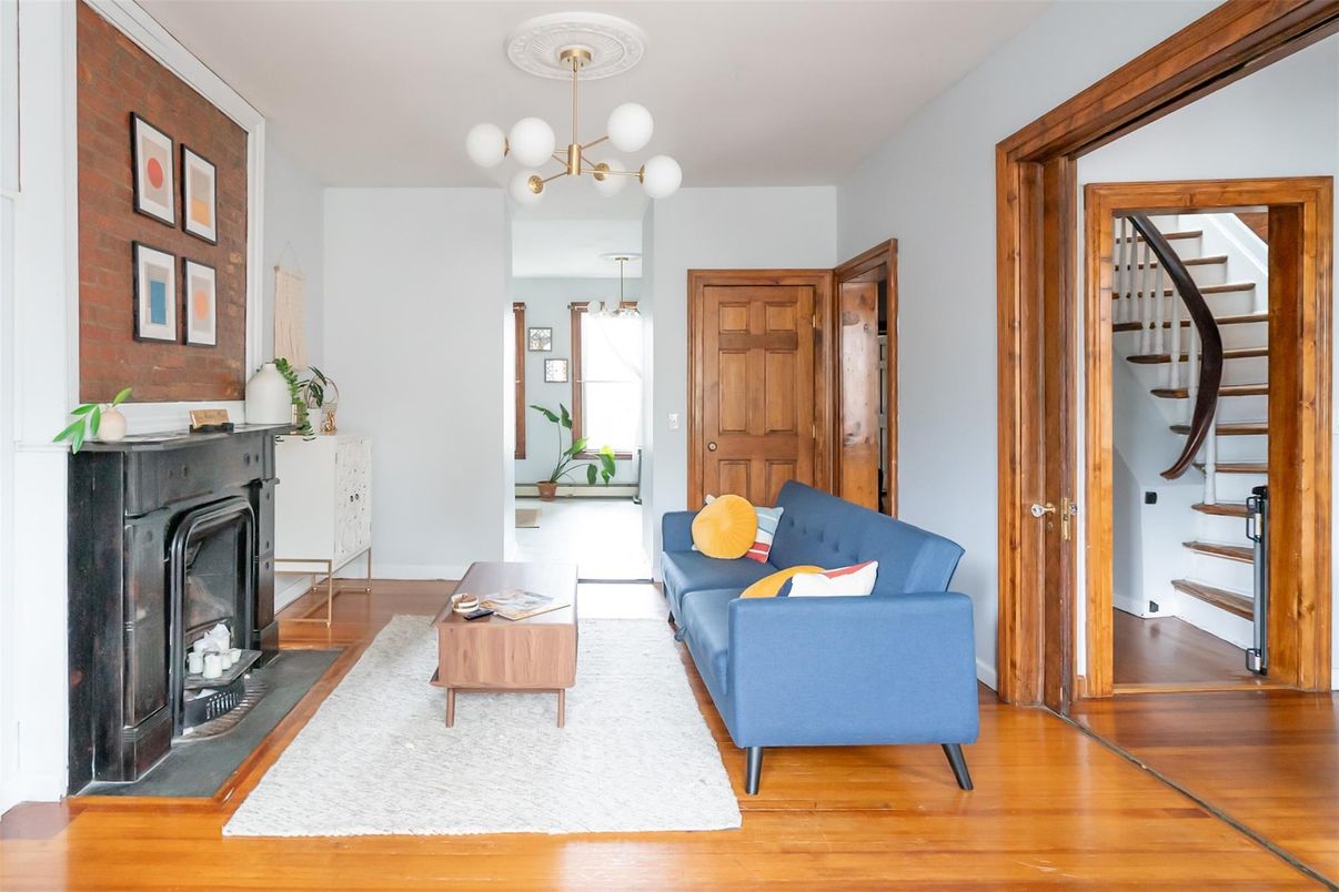 Fireplace, Interior, Living room, Pendant Lights, Wood Texture Flooring