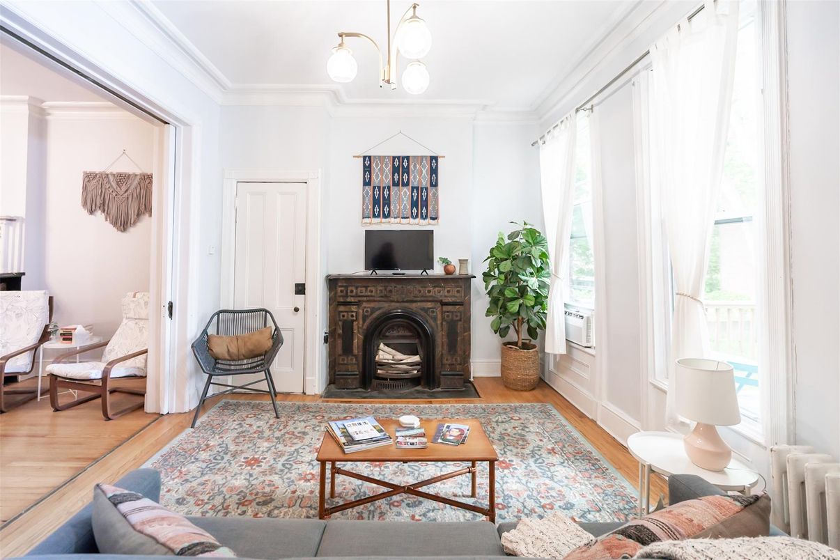 Fireplace, Interior, Living room, Pendant Lights, Wood Texture Flooring