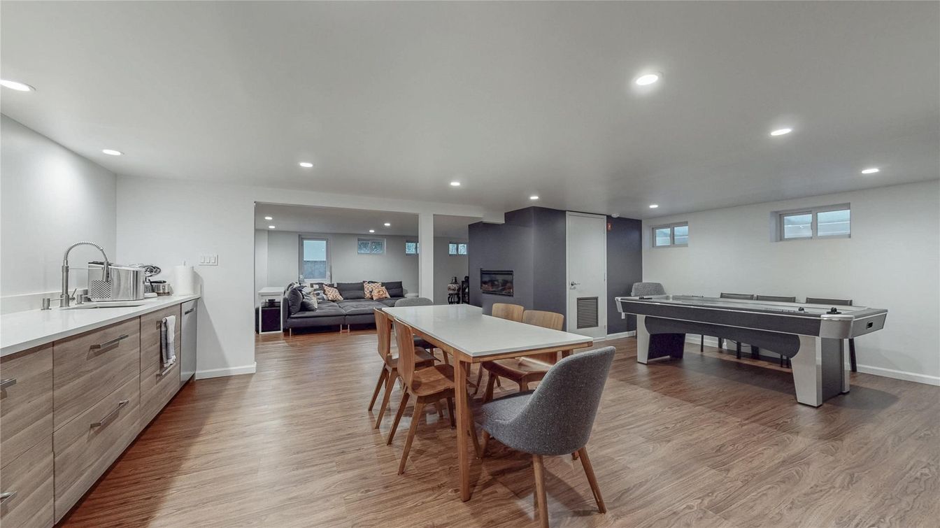Dining room, Game Room, Interior, Kitchen, Living room, Recessed Lighting, Wood Texture Flooring