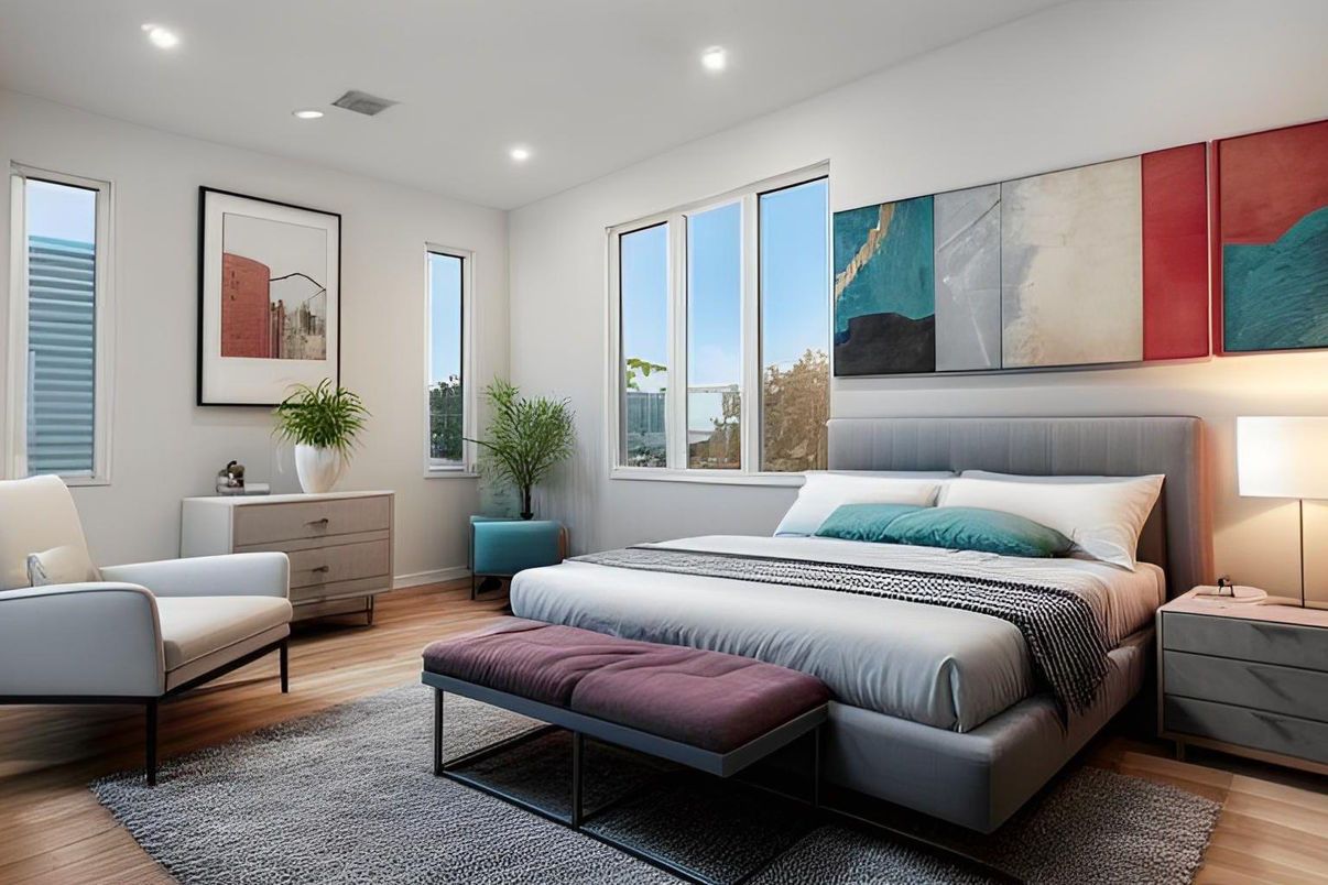 Bedroom, Interior, Recessed Lighting, Wood Texture Flooring