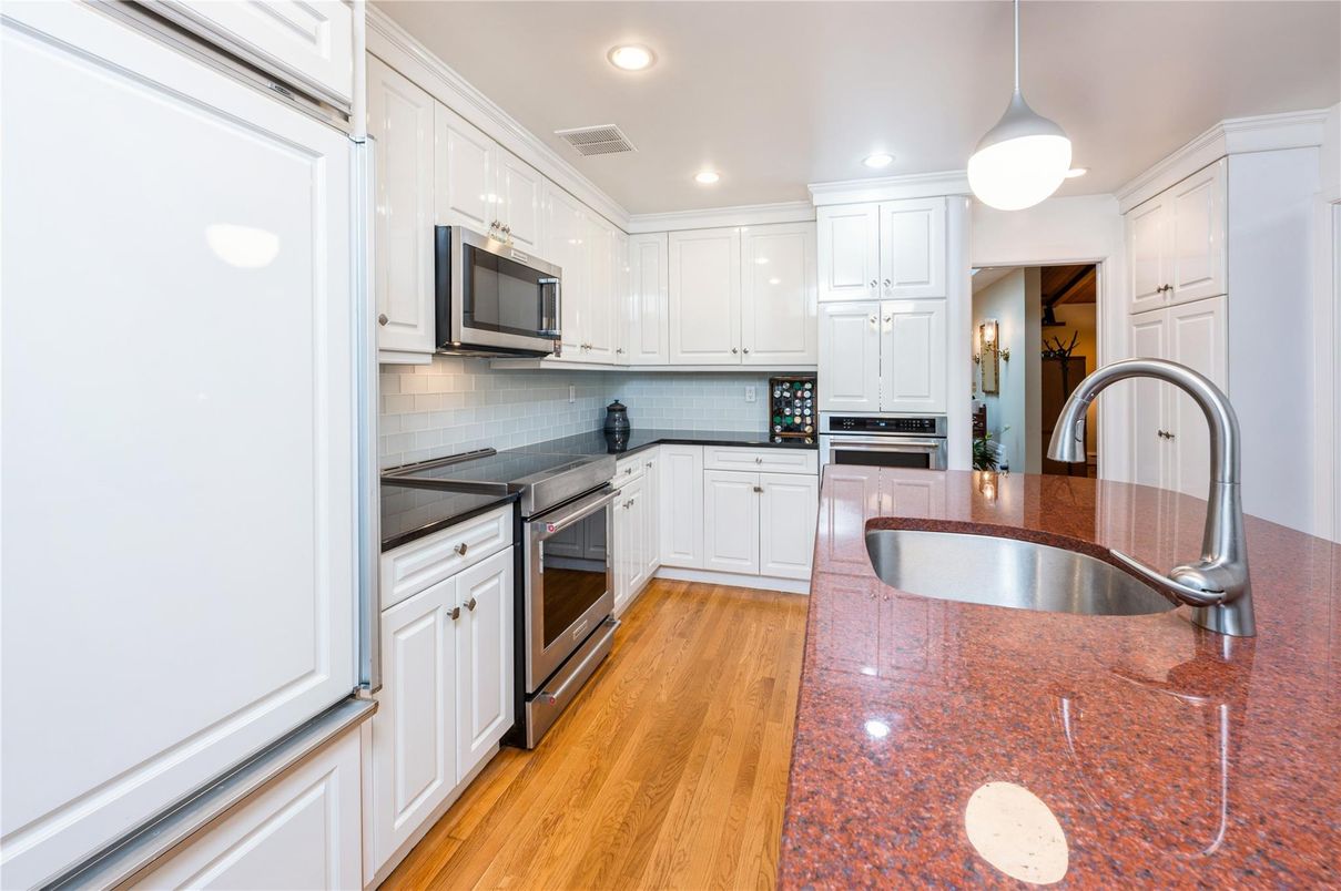Interior, Kitchen, Pendant Lights, Recessed Lighting, Stainless Steel Appliances, Wood Texture Flooring