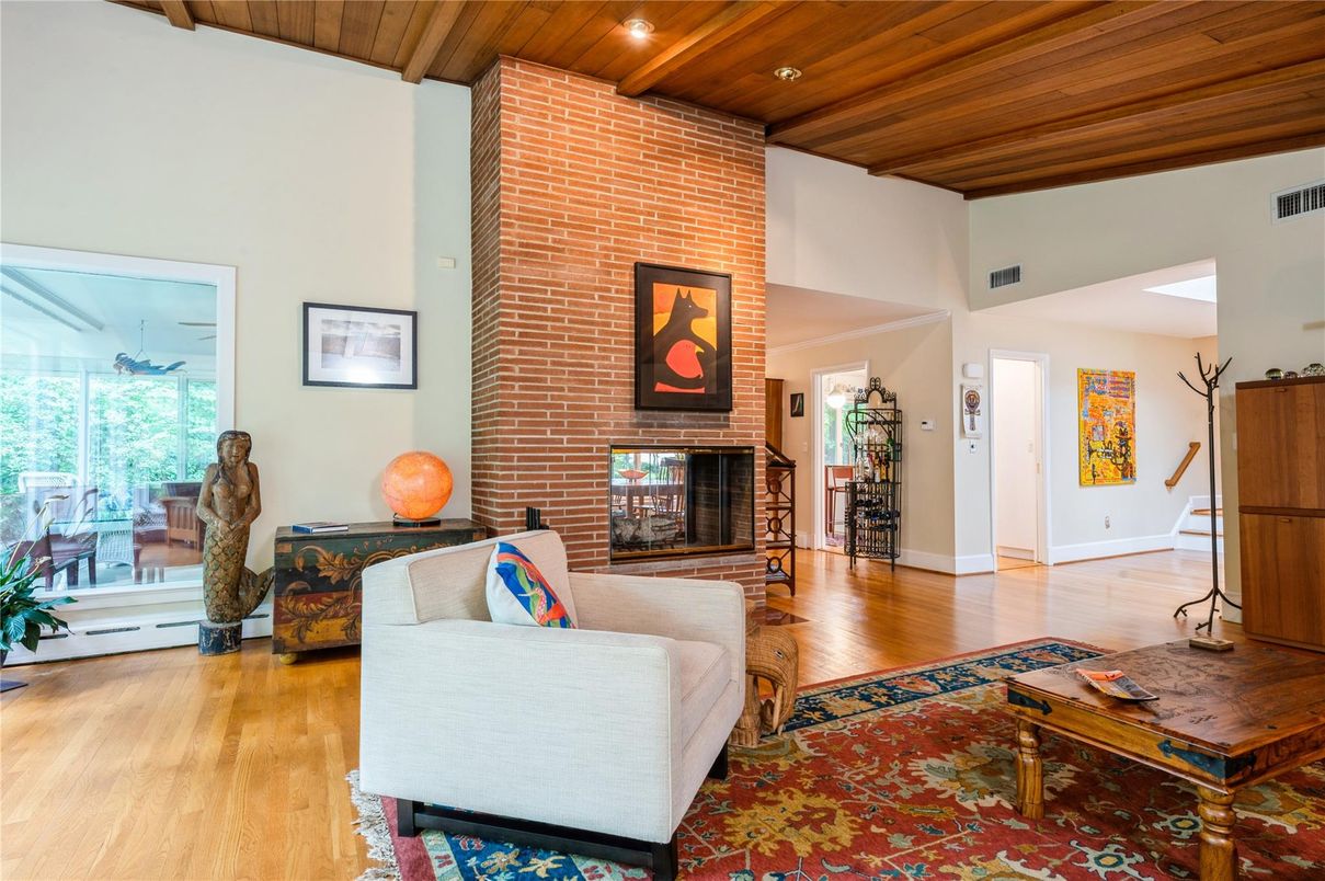 Fireplace, Interior, Living room, Recessed Lighting, Stone Walls, Wooden Beams, Wooden Ceilings, Wood Texture Flooring