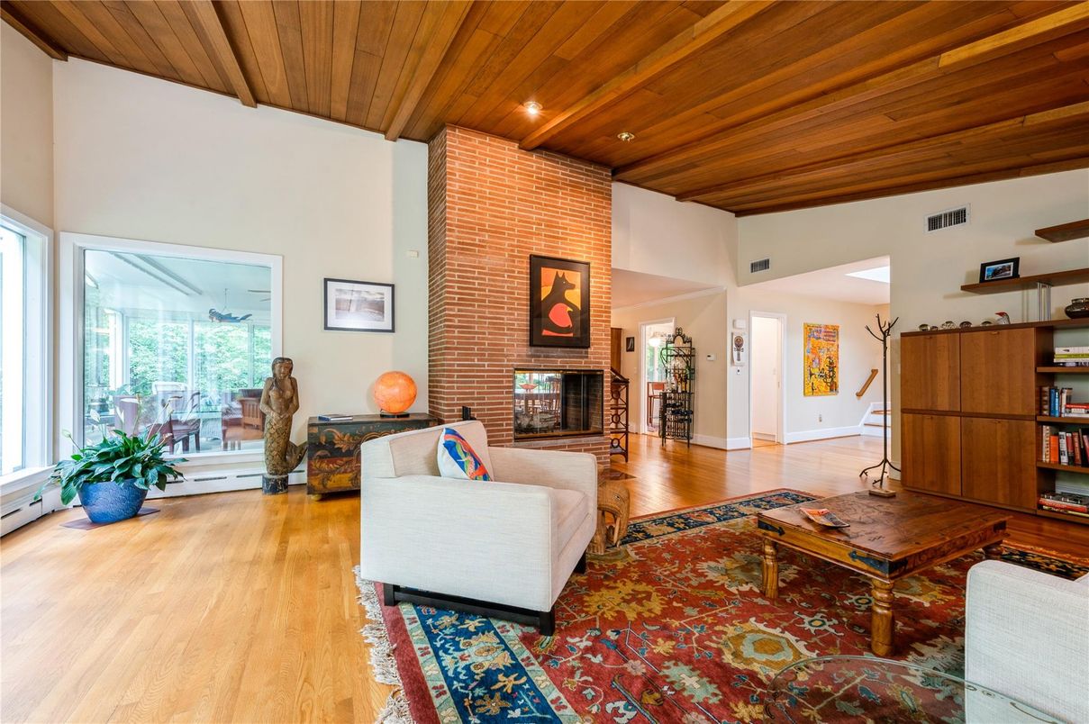 Fireplace, Interior, Living room, Recessed Lighting, Stone Walls, Wooden Beams, Wooden Ceilings, Wood Texture Flooring