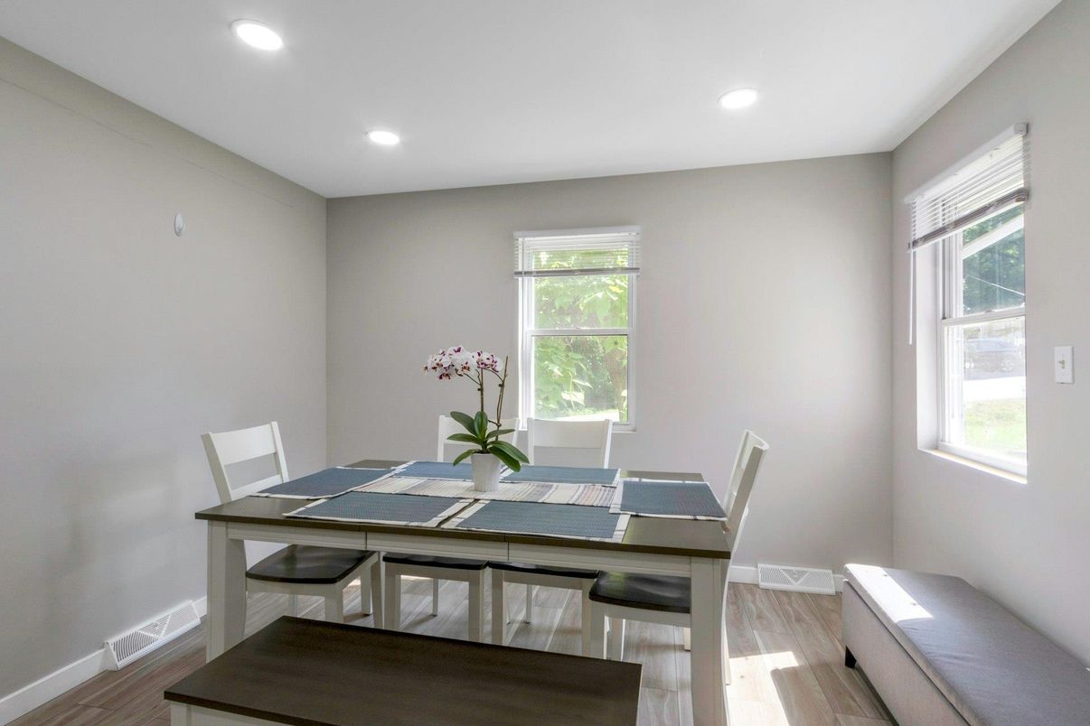 Dining room, Interior, Recessed Lighting, Wood Texture Flooring