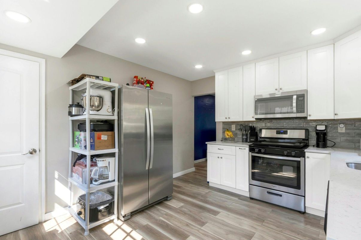 Interior, Kitchen, Recessed Lighting, Stainless Steel Appliances, Wood Texture Flooring