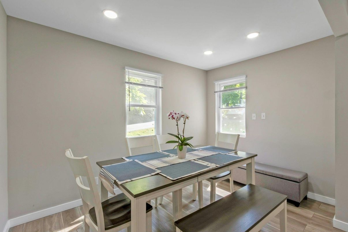 Dining room, Interior, Recessed Lighting, Wood Texture Flooring