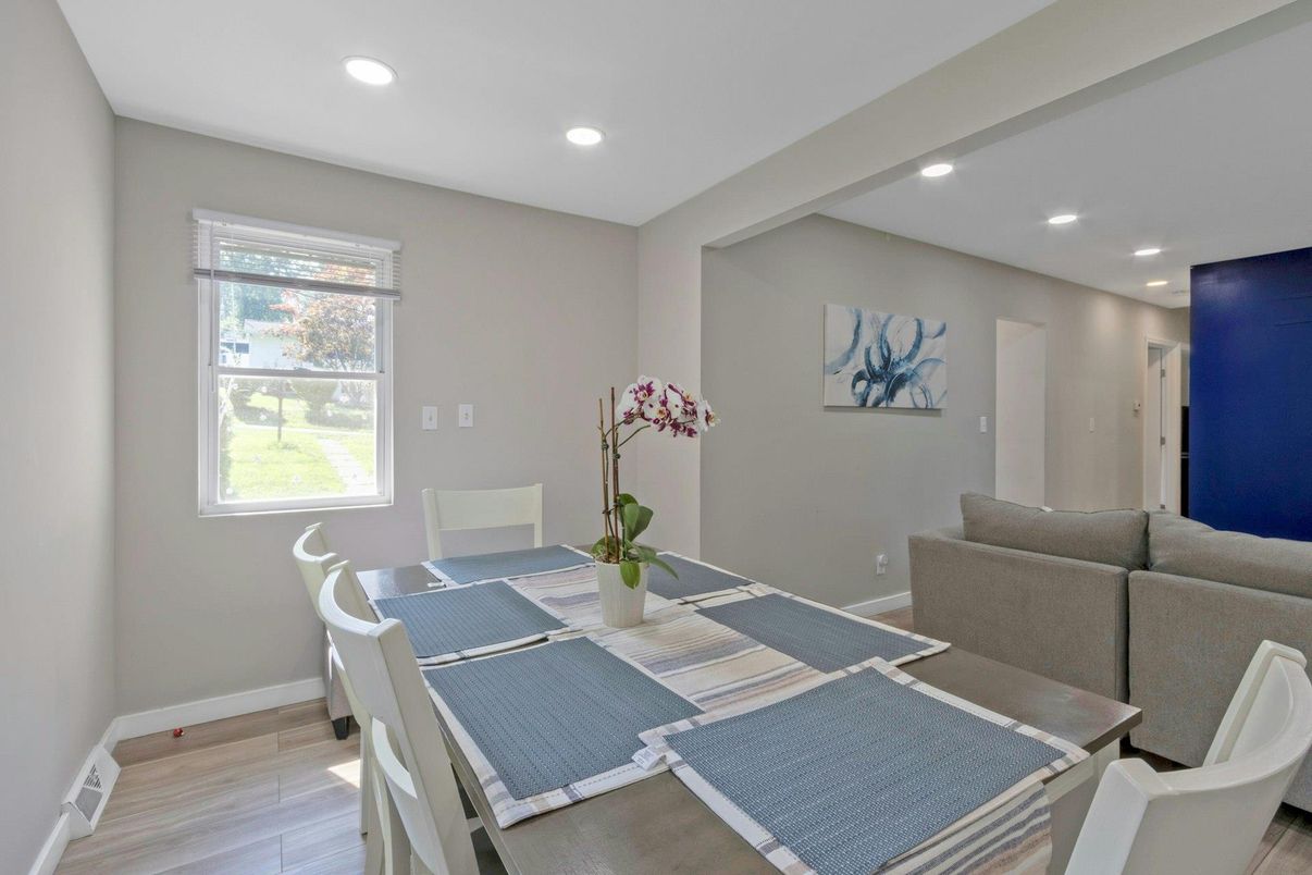 Dining room, Interior, Recessed Lighting, Wood Texture Flooring