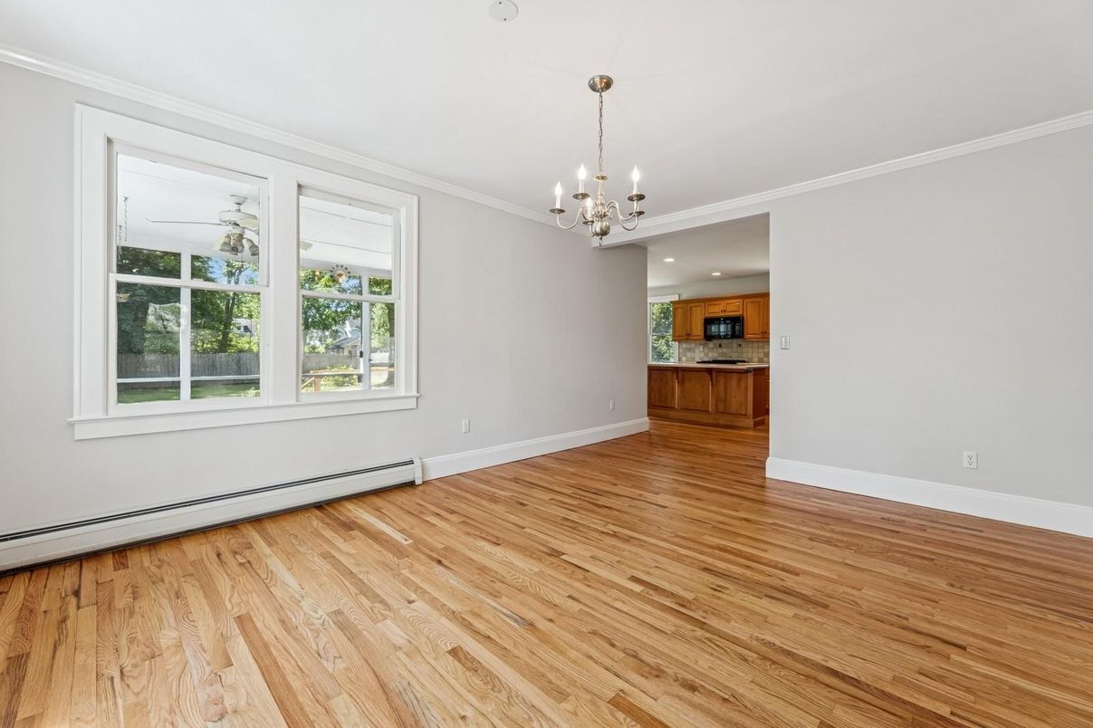 Chandelier, Empty room, Interior, Kitchen, Recessed Lighting, Wood Texture Flooring