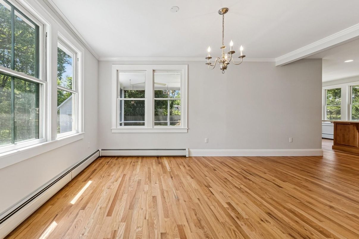 Chandelier, Empty room, Interior, Recessed Lighting, Wood Texture Flooring