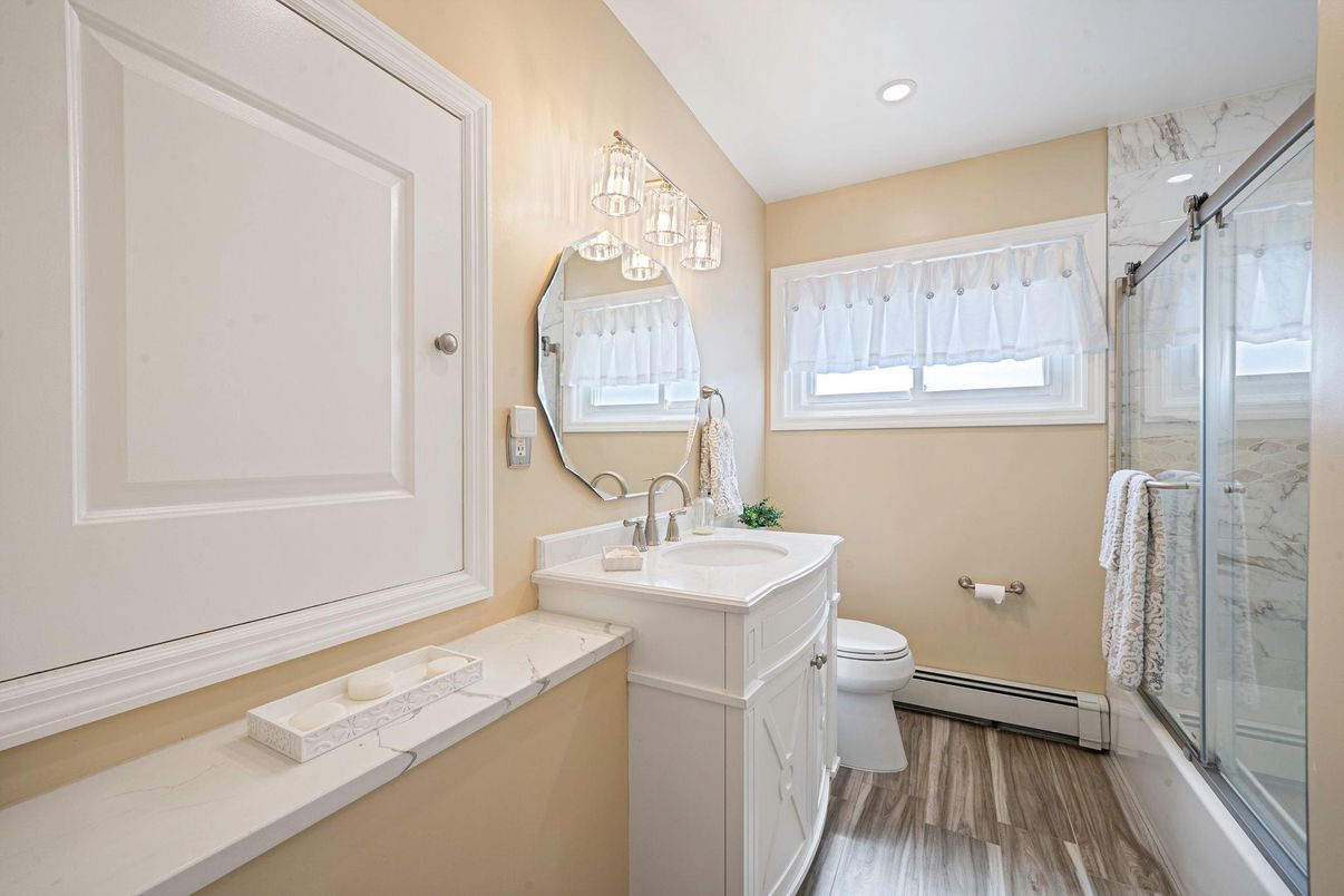 Bathroom, Glass Shower, Interior, Marble Walls, Recessed Lighting, Wood Texture Flooring