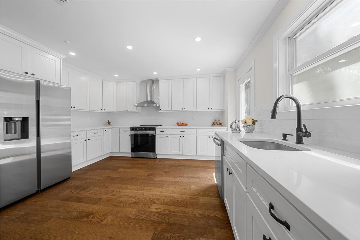 Interior, Kitchen, Recessed Lighting, Stainless Steel Appliances, Wood Texture Flooring
