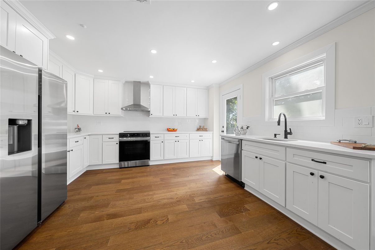 Interior, Kitchen, Recessed Lighting, Stainless Steel Appliances, Wood Texture Flooring